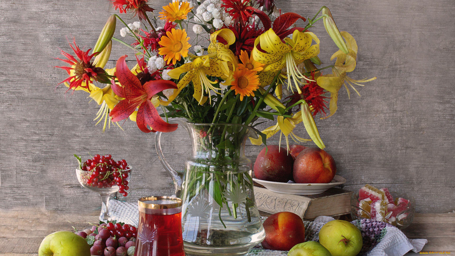 еда, натюрморт, ягоды, фрукты, яблоки, летний, персики, композиция, мармелад, красная, смородина, цветы, крыжовник