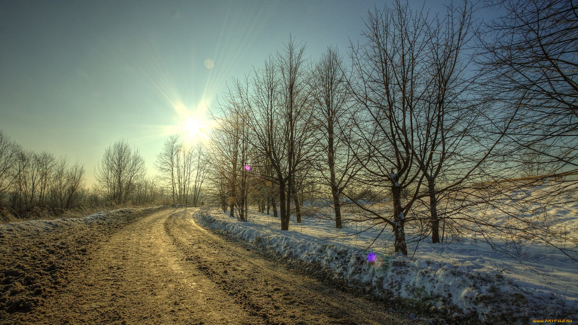 природа, дороги, зима, снег, дорога, грязь, деревья, солнце