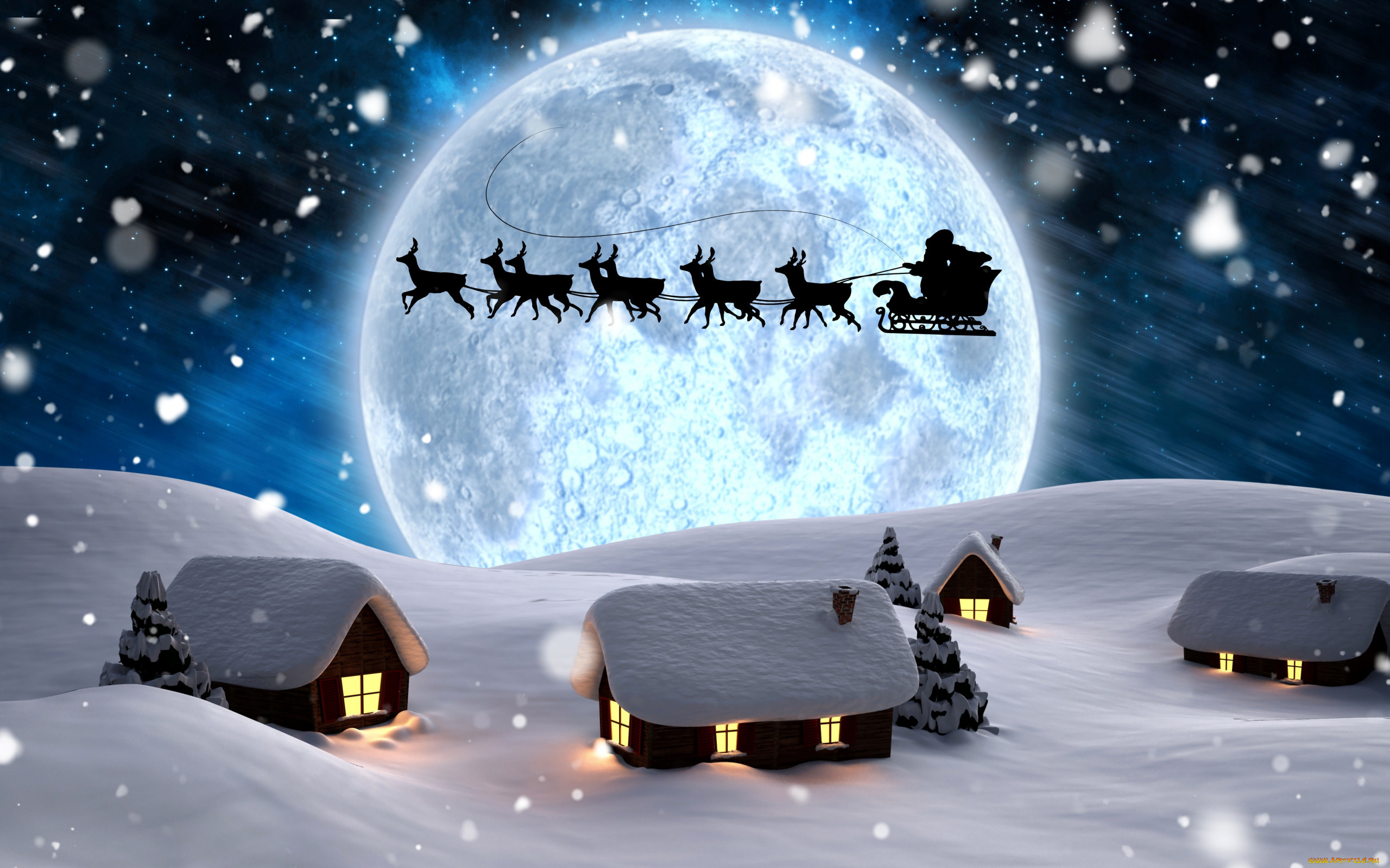 праздничные, векторная, графика, , новый, год, луна, олени, санта, праздник, рождество, новый, год, зима, снег, домики