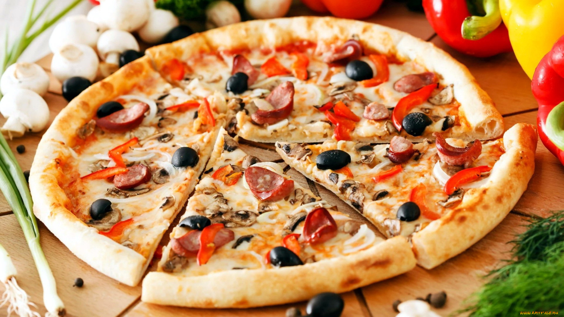 еда, пицца, перец, колбаса, маслины