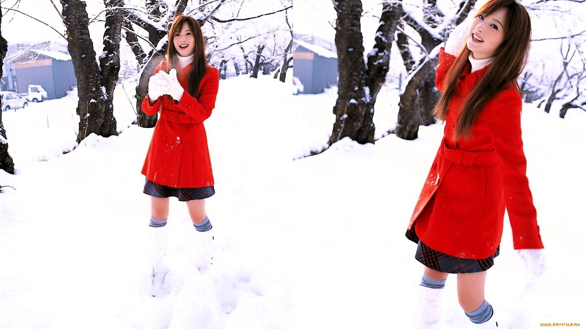 nozomi, sasaki, девушки, пальто, сапоги, снег, поселок, зима, деревья
