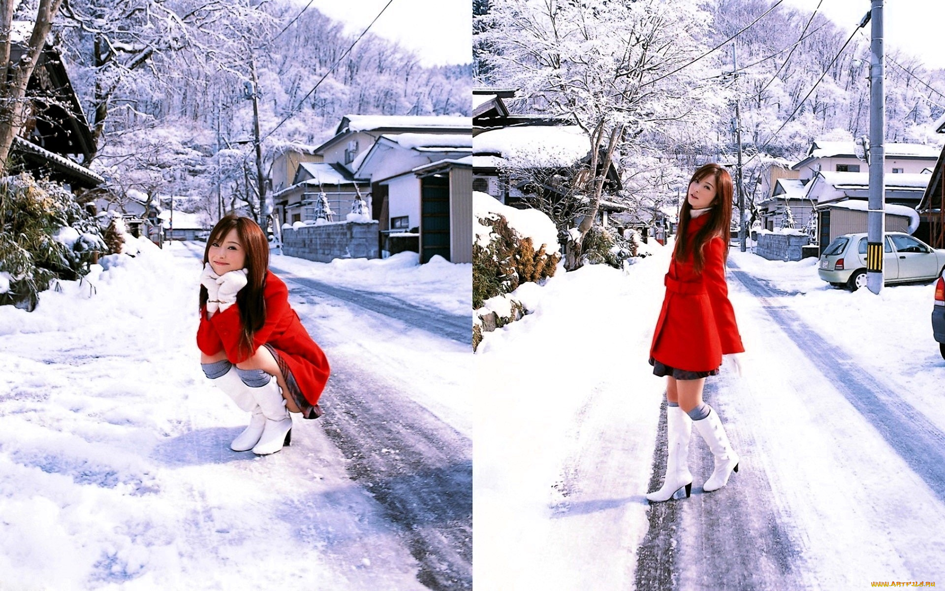 nozomi, sasaki, девушки, пальто, сапоги, снег, поселок, зима, горы