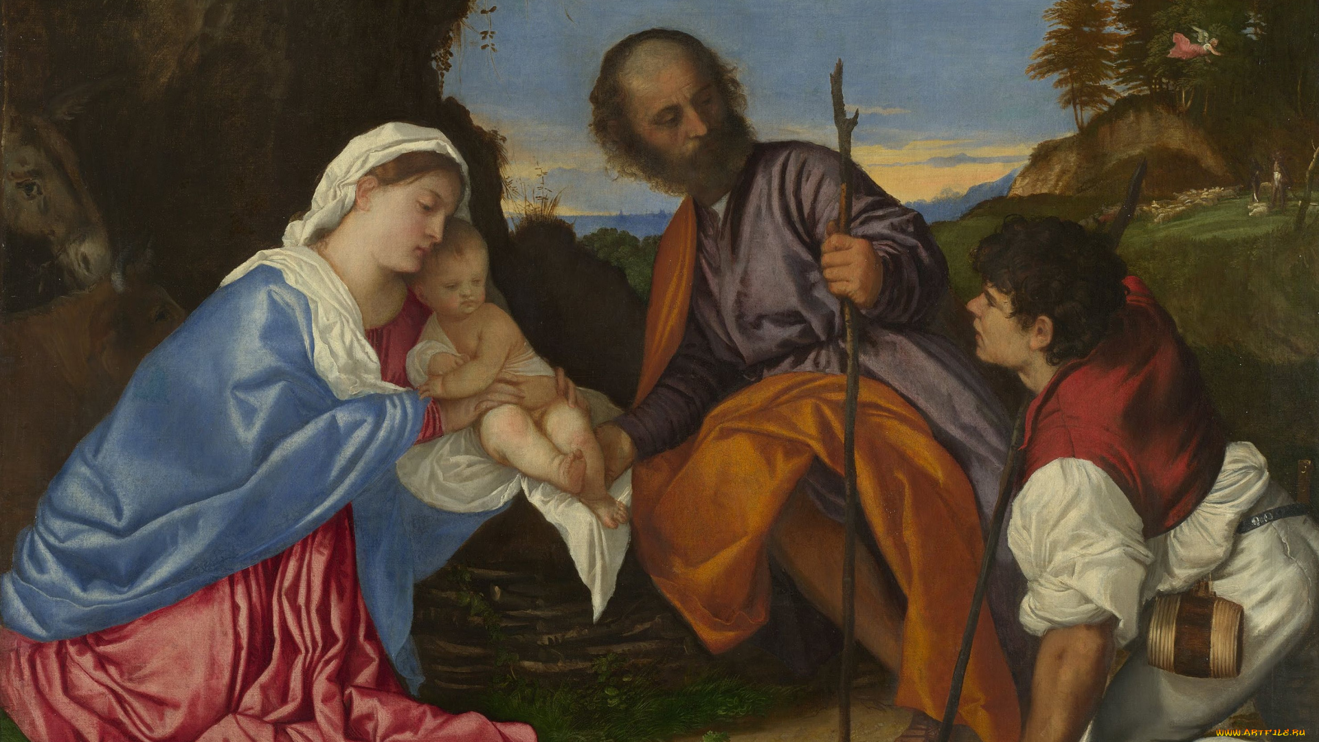 titian, the, holy, family, with, shepherd, рисованные, tiziano, vecellio