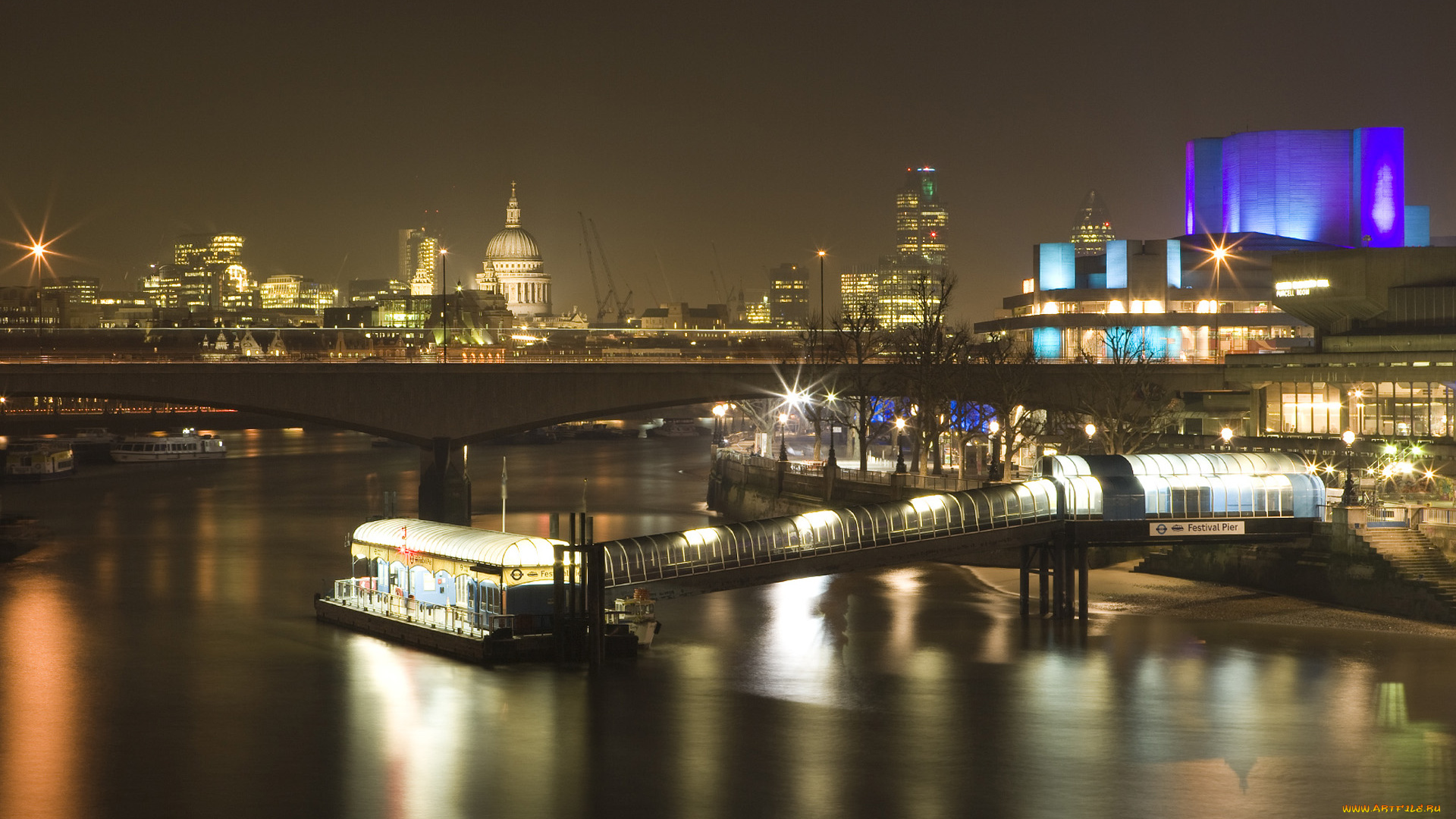 london, at, night, города, лондон, великобритания, мосты, огни, темза, пристань, ночь