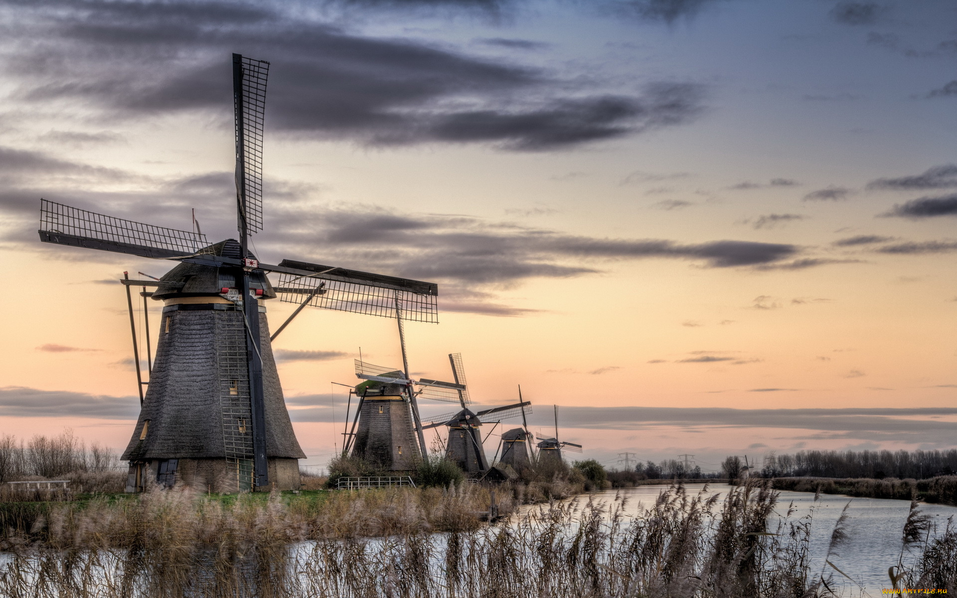 разное, мельницы, kinderdijk, пейзаж, holland