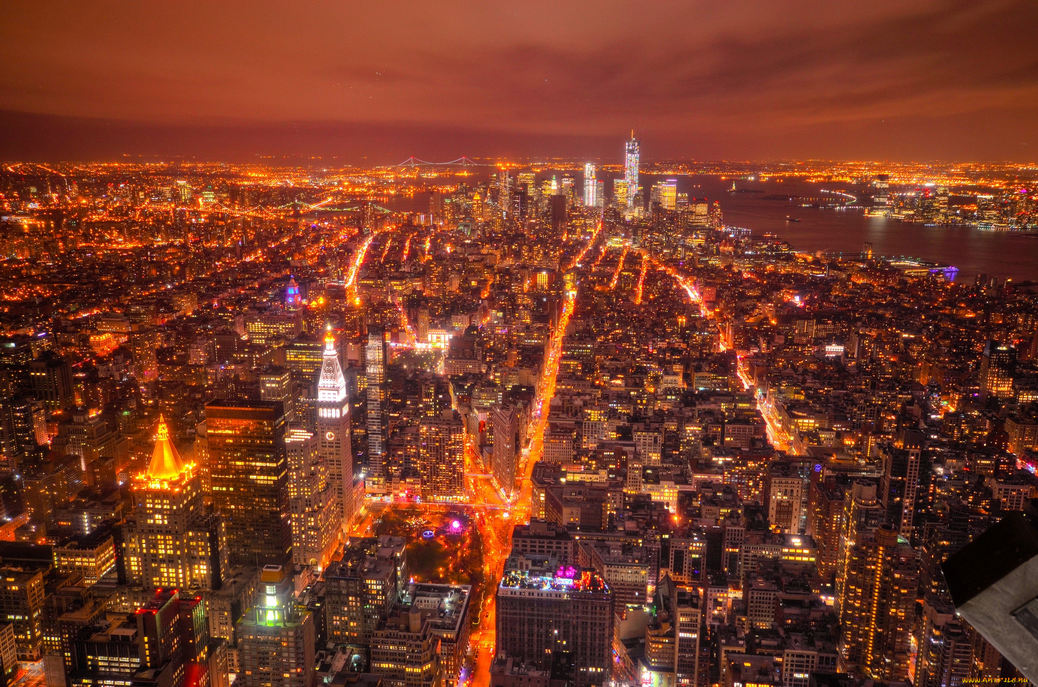 города, нью, йорк, сша, панорама, огни, ночь