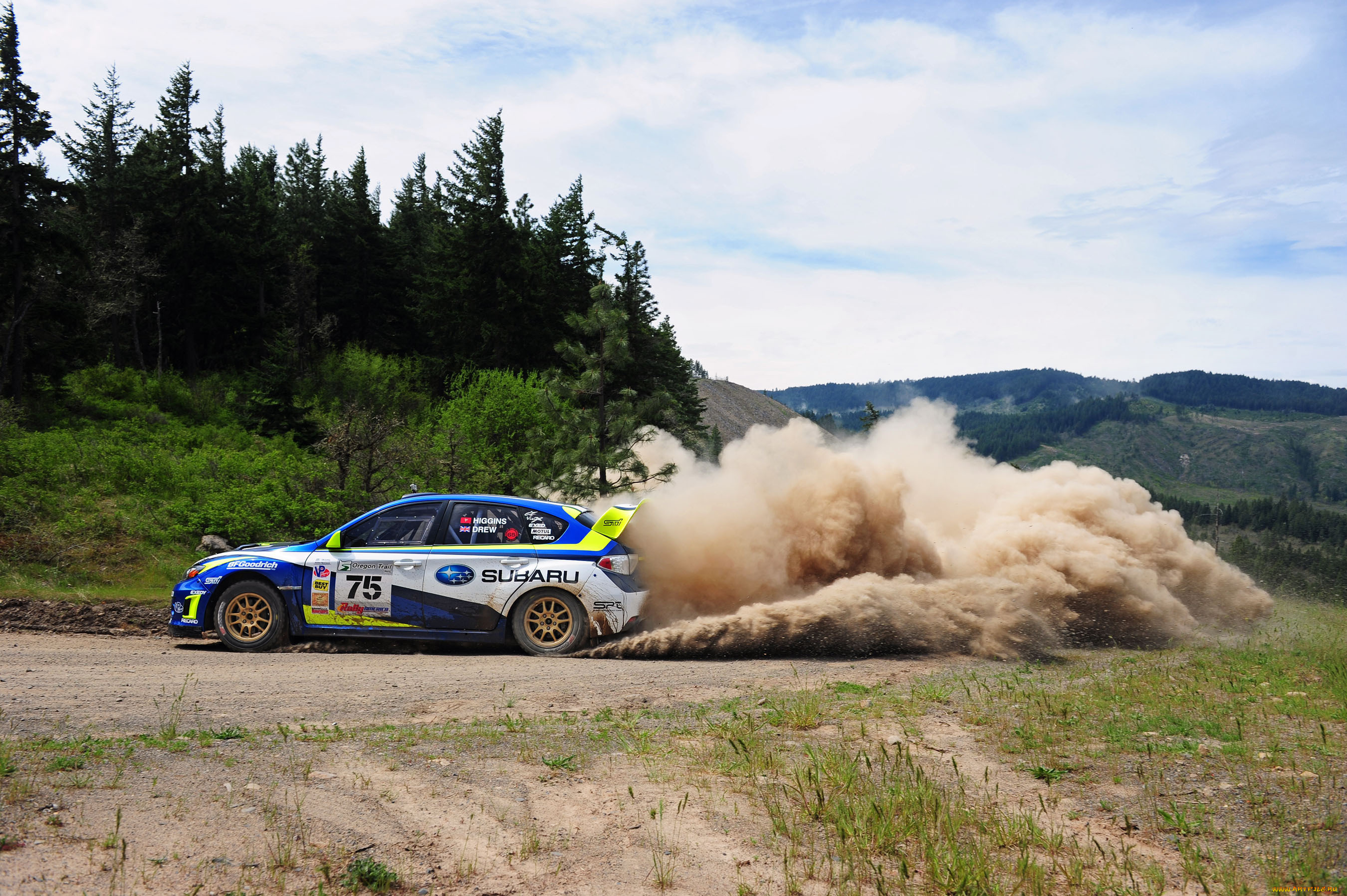 спорт, авторалли, subaru, rally, пыль, лес, холмы, гонка