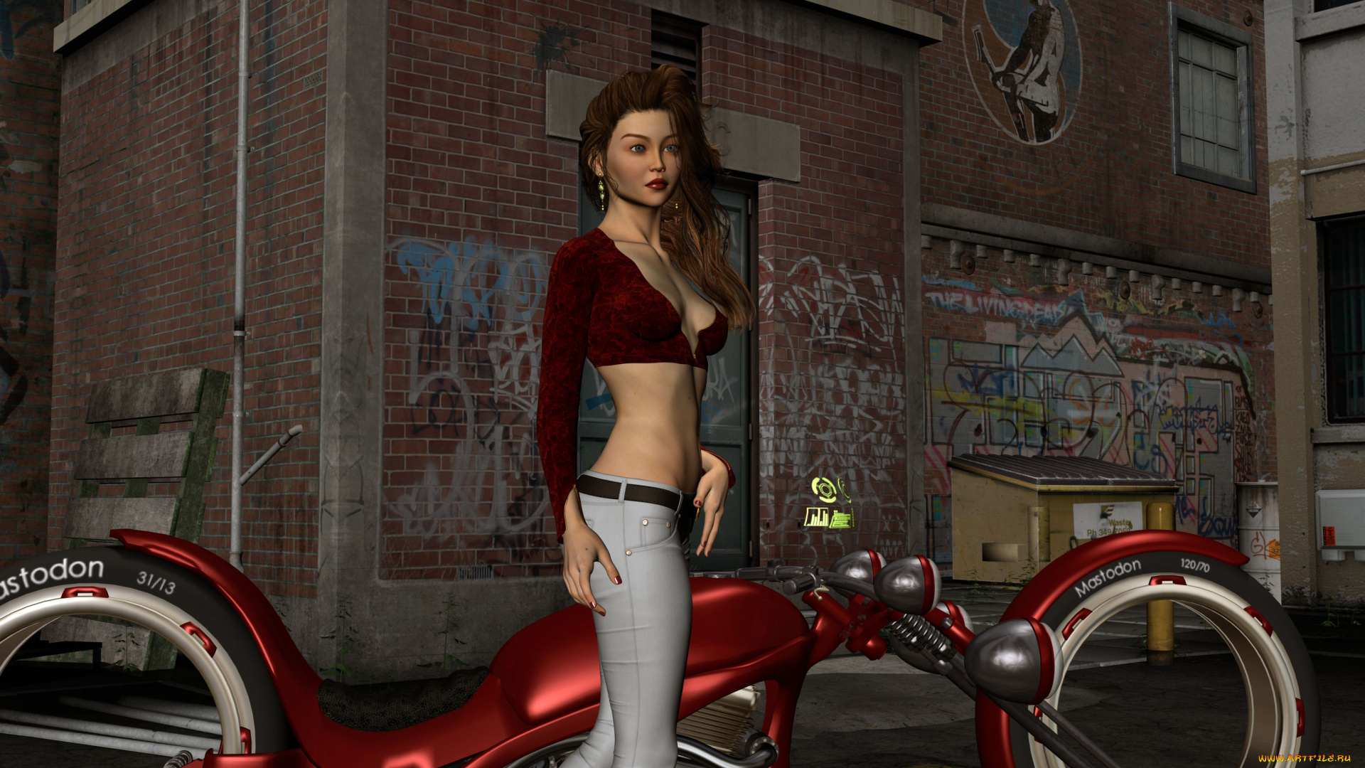 мотоциклы, 3d, мотоцикл, улица, девушка