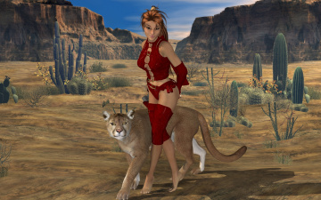 Картинка 3д+графика fantasy+ фантазия девушка кошка леопард кактусы пустыня горы