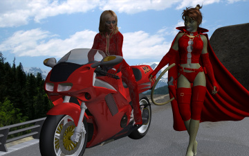 обоя 3д графика, fantasy , фантазия, девушка, мотоцикл, плащ, кошка