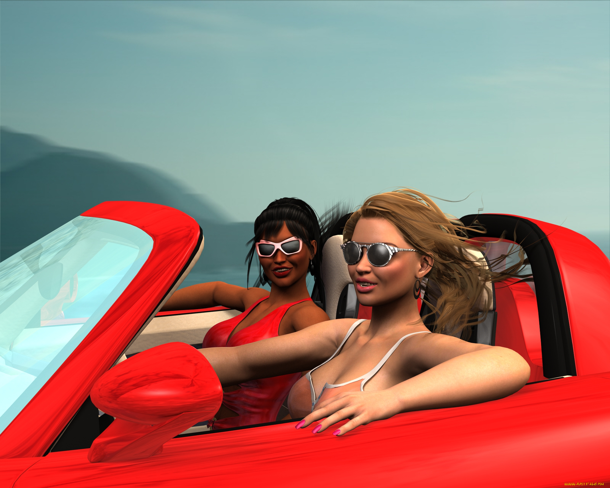 автомобили, 3d, car&girl, девушки, взгляд, фон, автомобиль