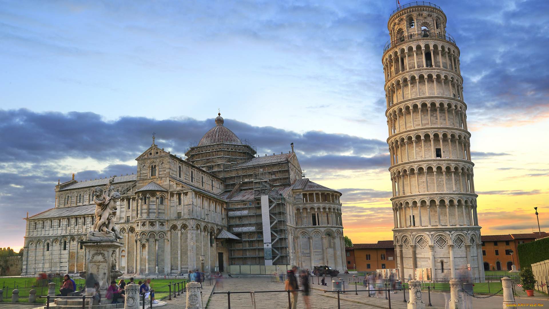 leaning, pisa, sunset, города, пиза, , италия, дворец, башня