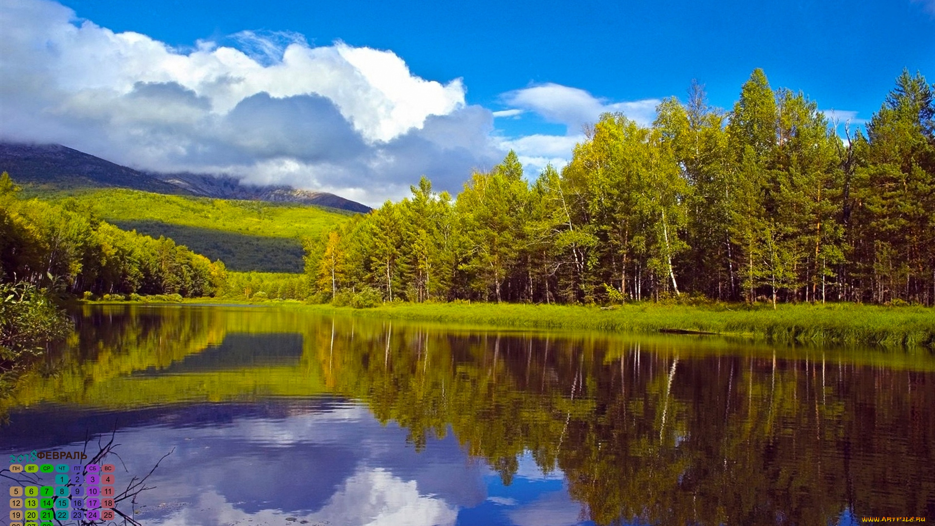 календари, природа, 2018, водоем, деревья, облака