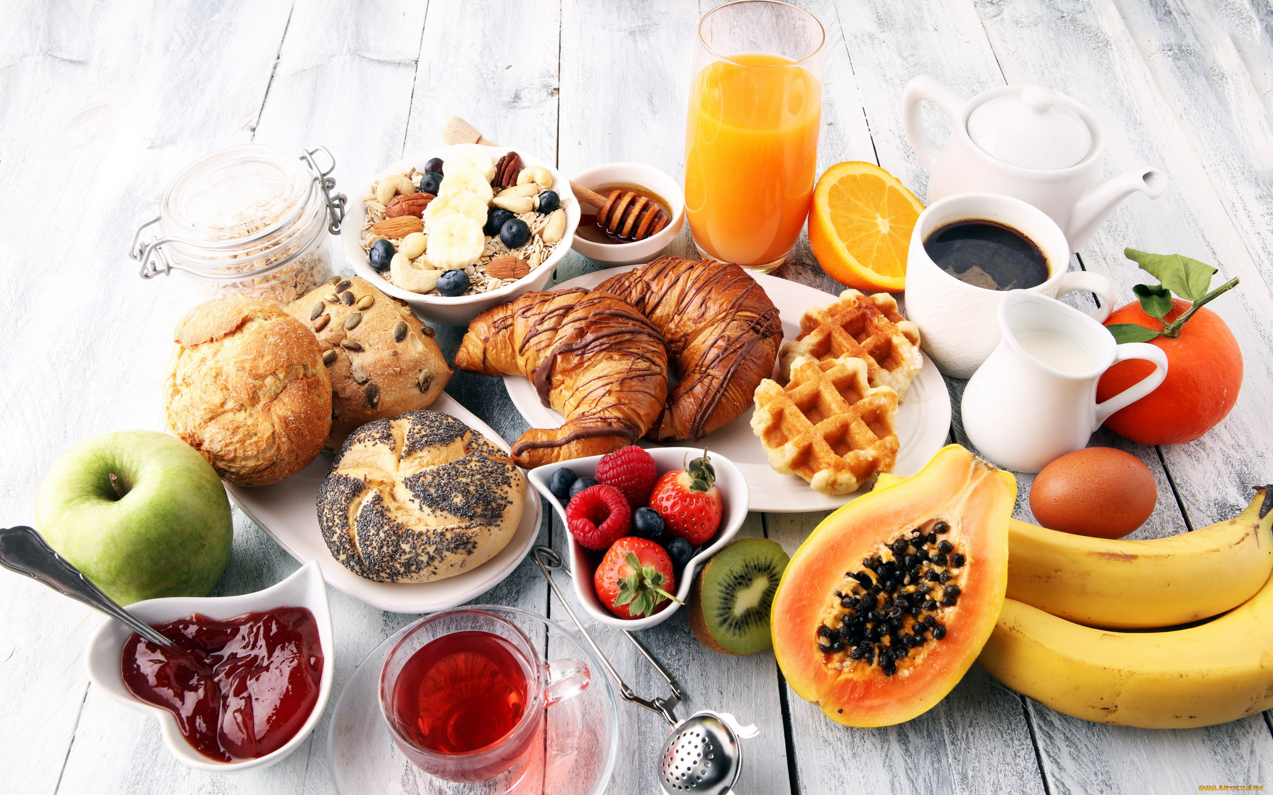 еда, разное, завтрак, мюсли, фрукты, ягоды, кофе, сок, чай, выпечка, варенье
