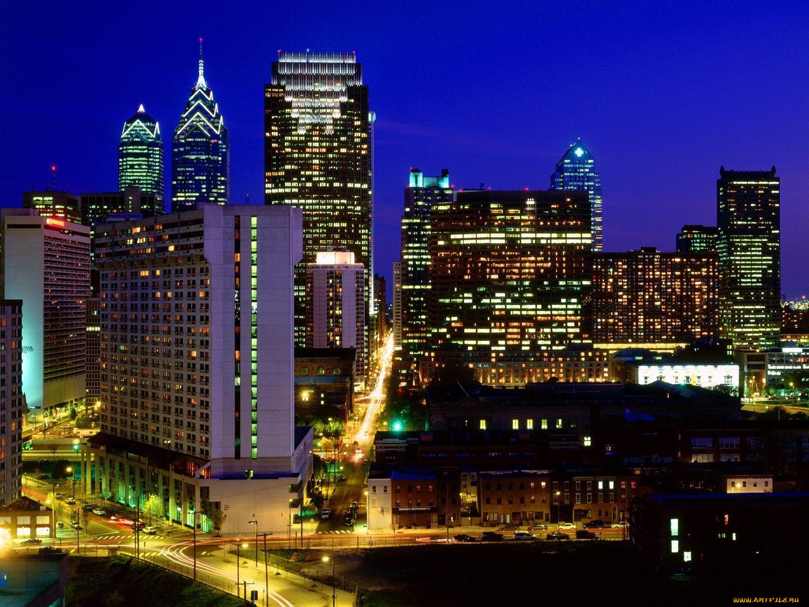 center, city, skyline, philadelphia, pennsylvania, города, огни, ночного