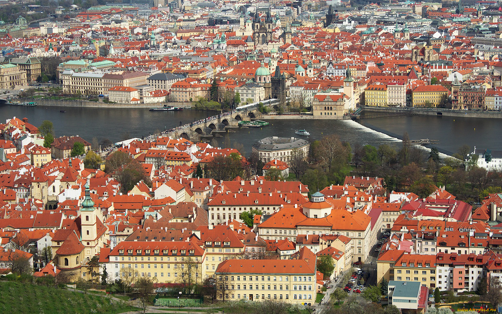 города, прага, Чехия, река, мост, здания, панорама
