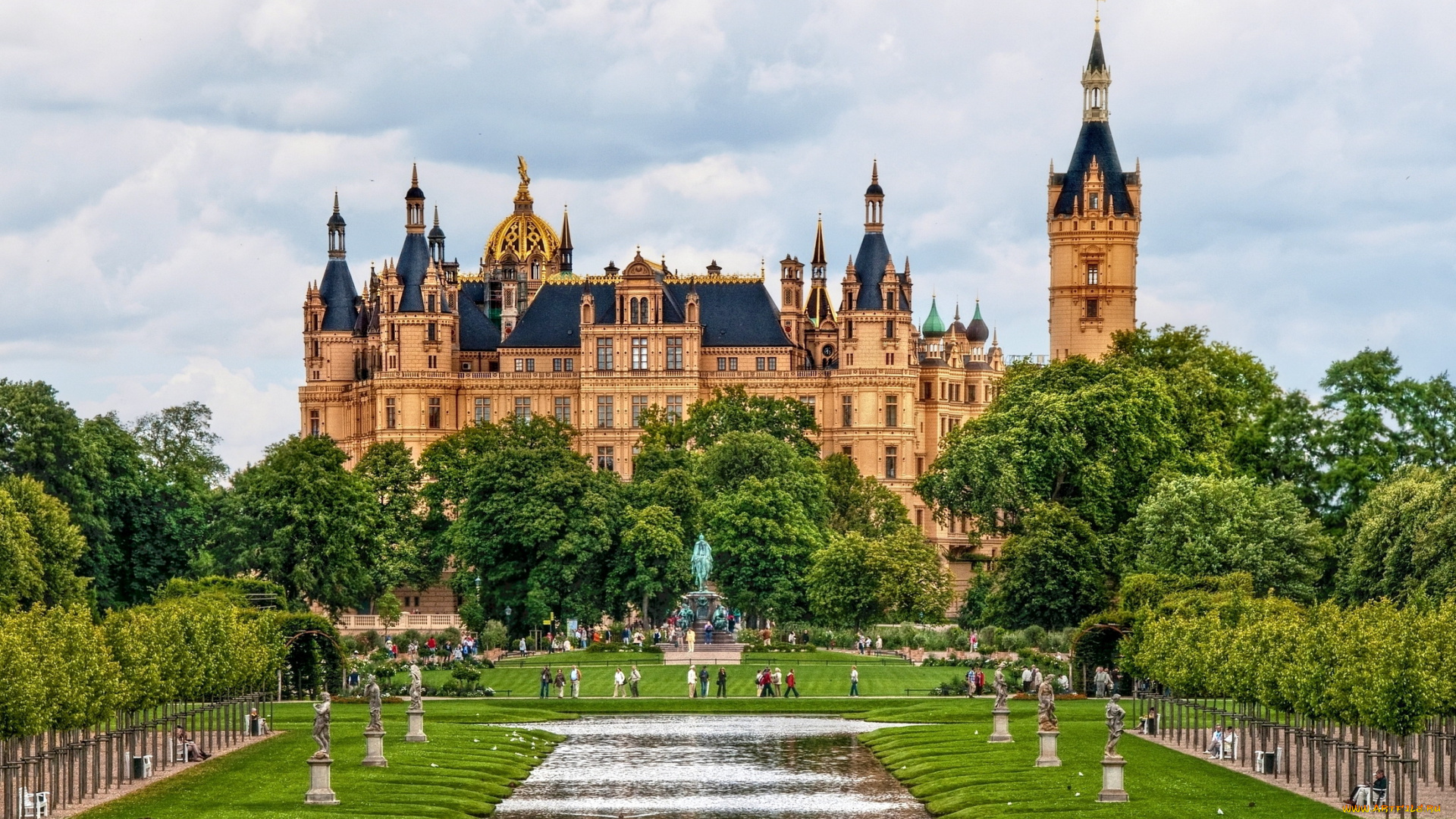 schwerin, castle, germany, города, замок, шверин, германия, водоем, статуи