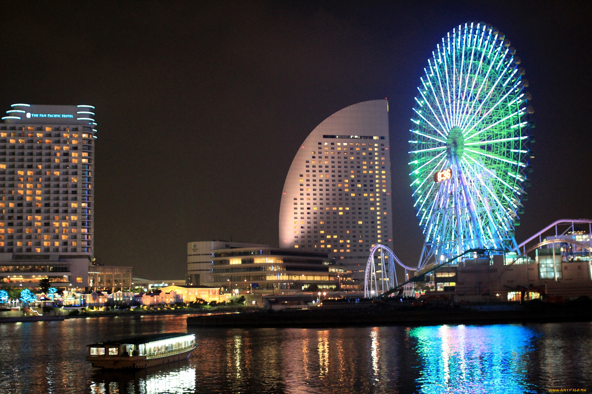 города, йокогама, Япония, здание, колесо, обозрения, ночь