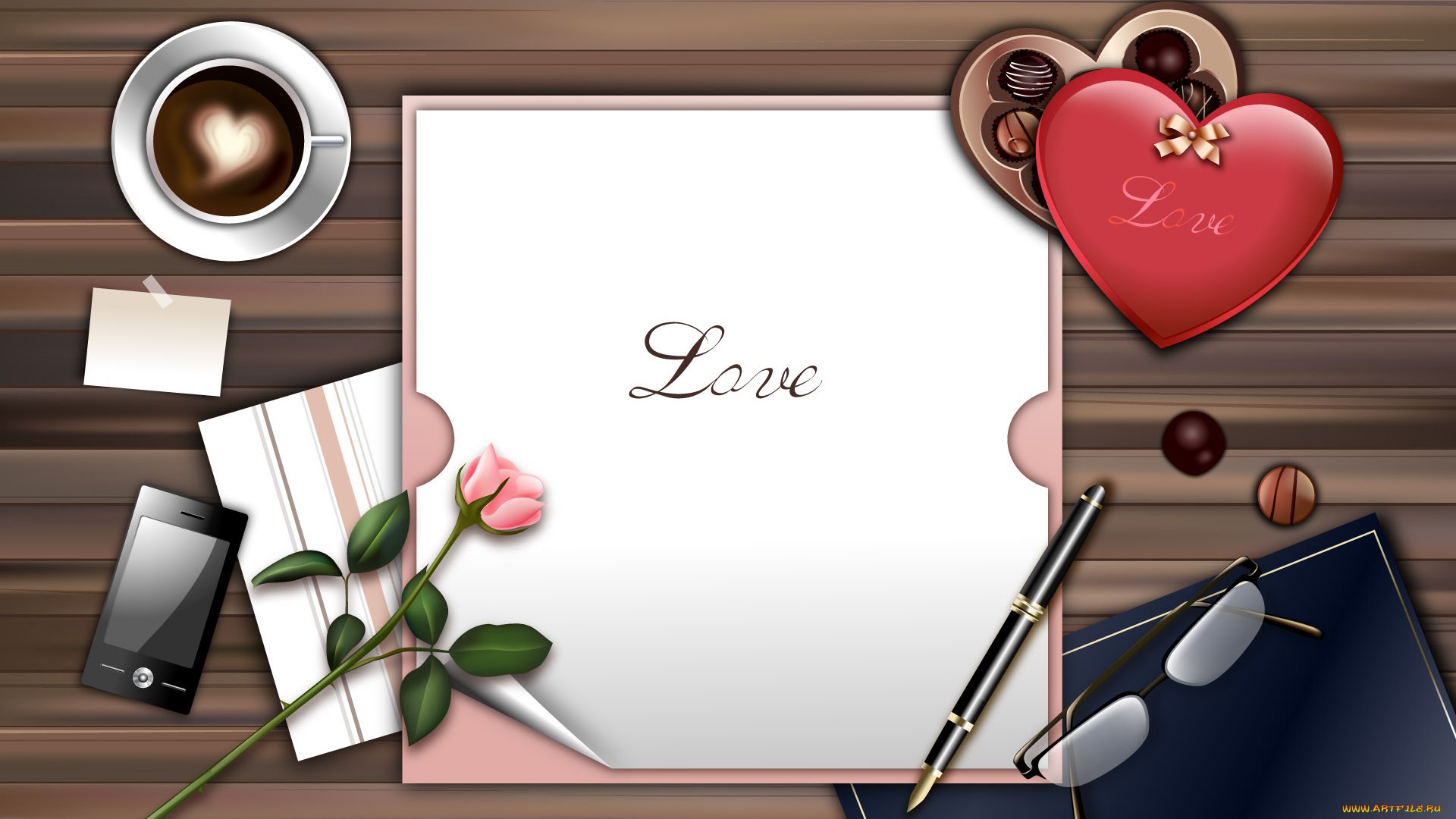 праздничные, день, святого, валентина, , сердечки, , любовь, кофе, блюдце, очки, коробка, чашка, стол, бумага, конфеты, телефон, цветок, роза, ручка, сердечко, любовь, письмо