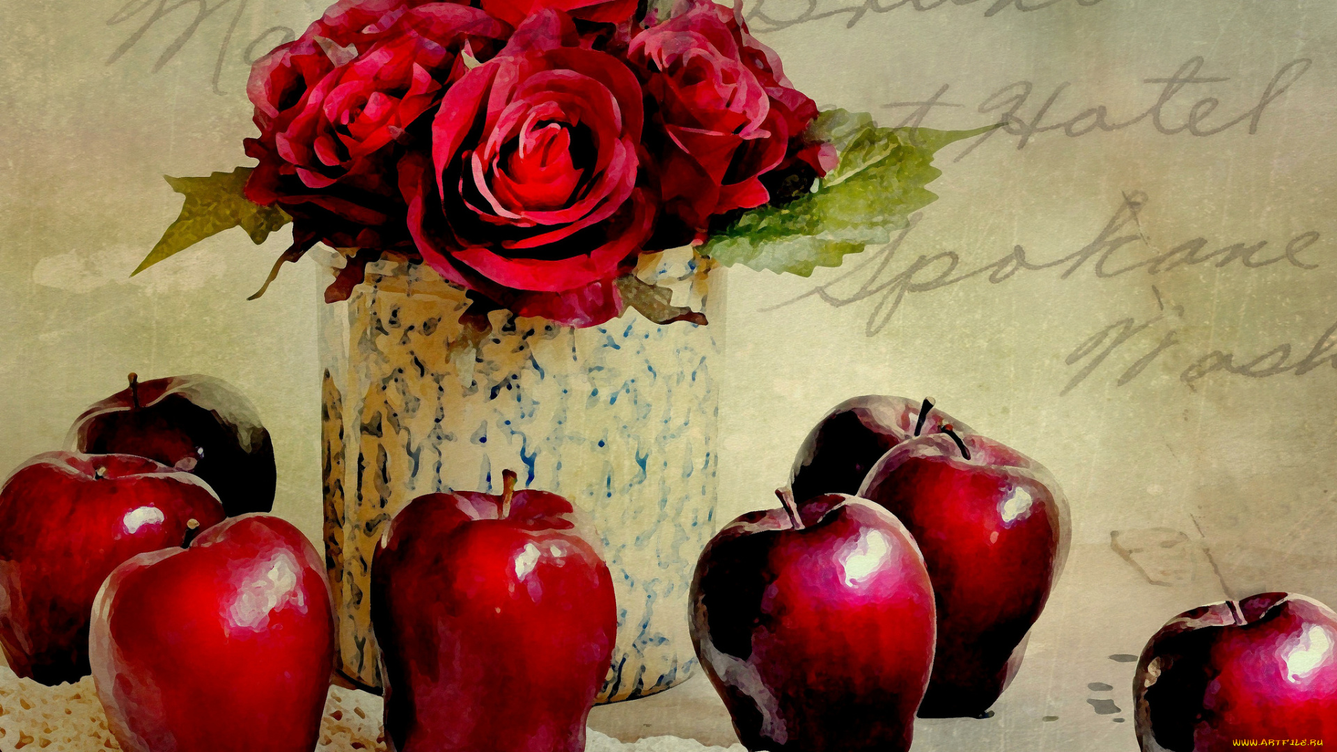 рисованные, еда, натюрморт, цветы, розы, яблоки