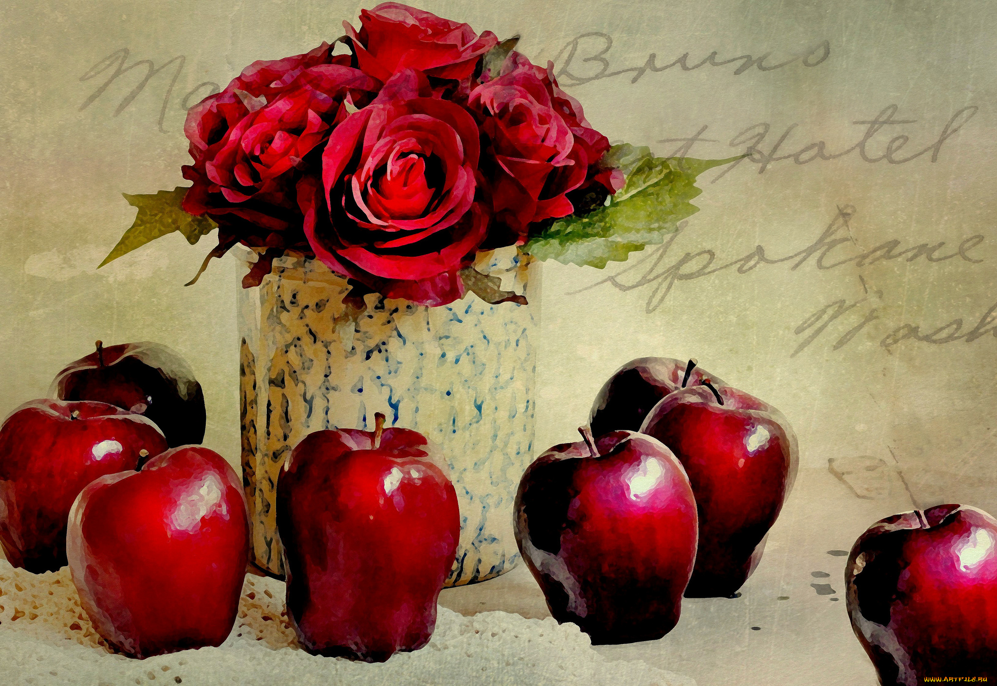 рисованные, еда, натюрморт, цветы, розы, яблоки
