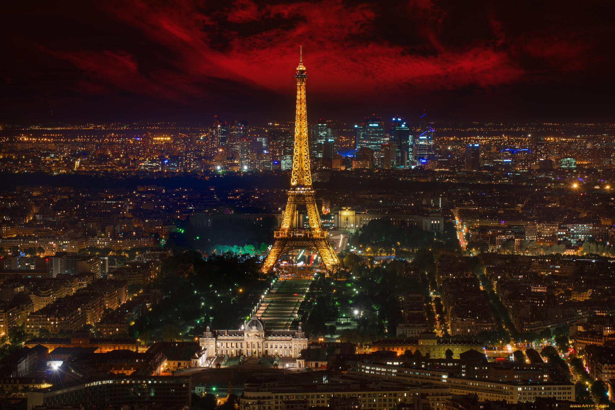 города, париж, , франция, эйфелева, башня, панорамма, огни, город, ночь