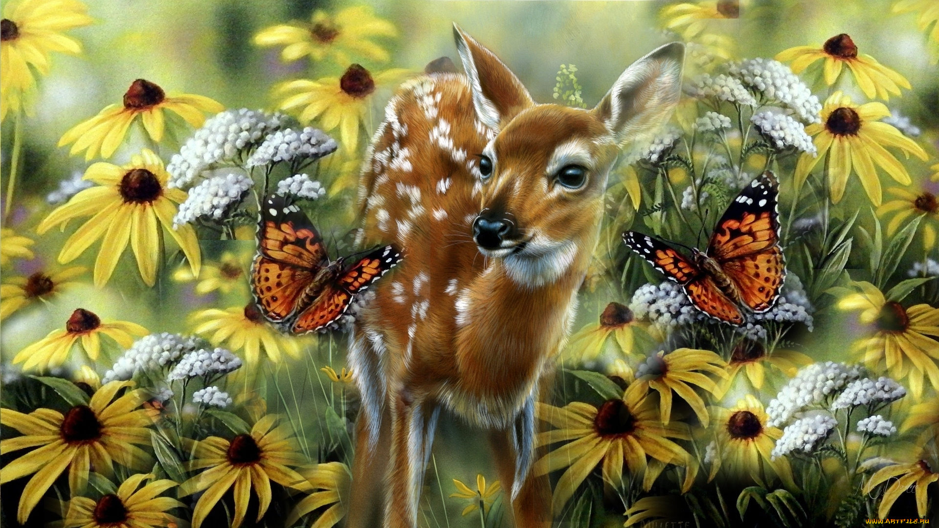 рисованное, животные, олень, бабочки, цветы
