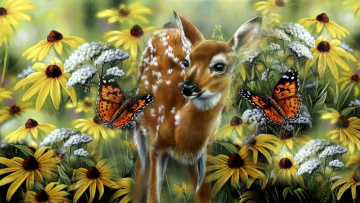 Картинка рисованное животные олень бабочки цветы