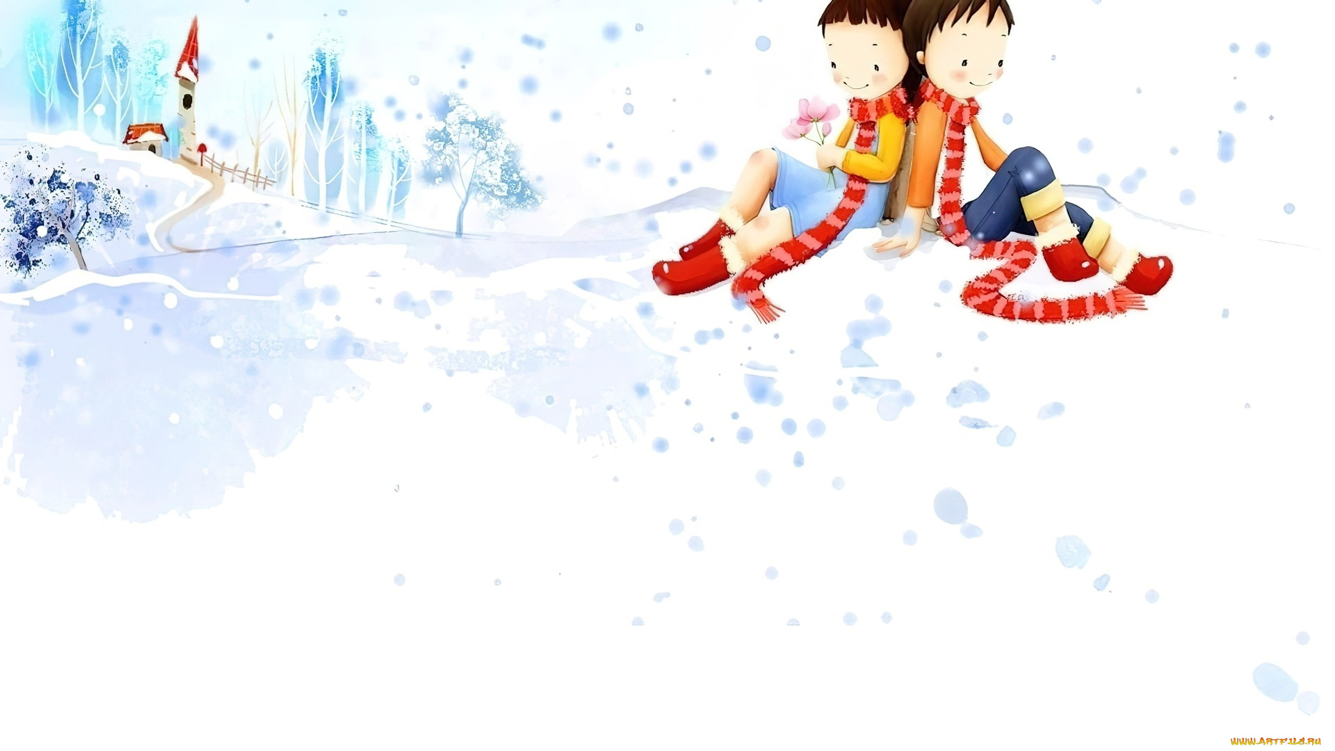 рисованное, дети, мальчик, девочка, шарфы, снег, дом