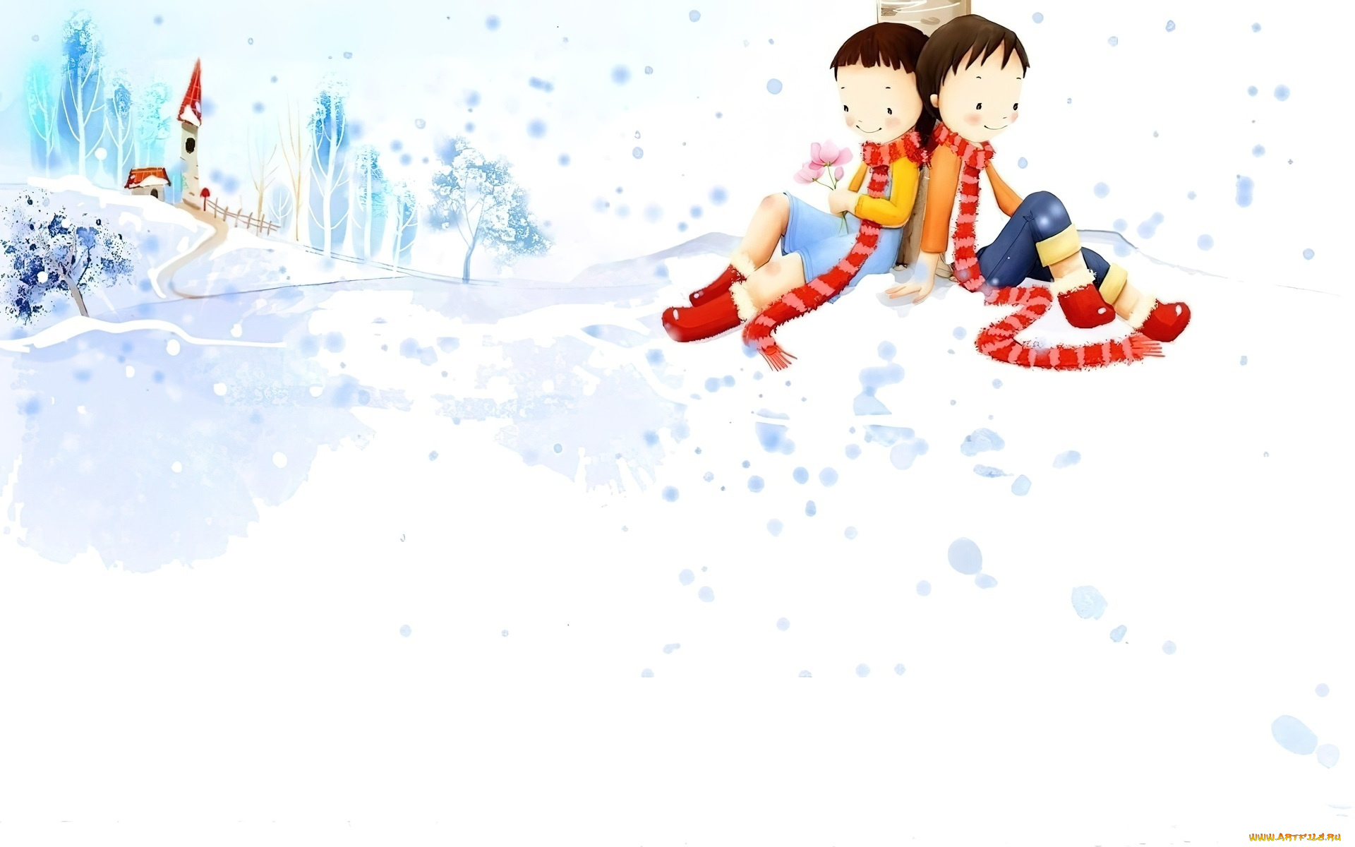 рисованное, дети, мальчик, девочка, шарфы, снег, дом
