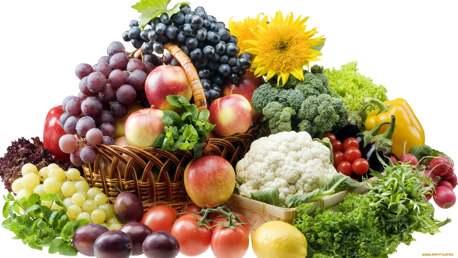 еда, фрукты, овощи, вместе, виноград, лимон, помидоры, редис, яблоки