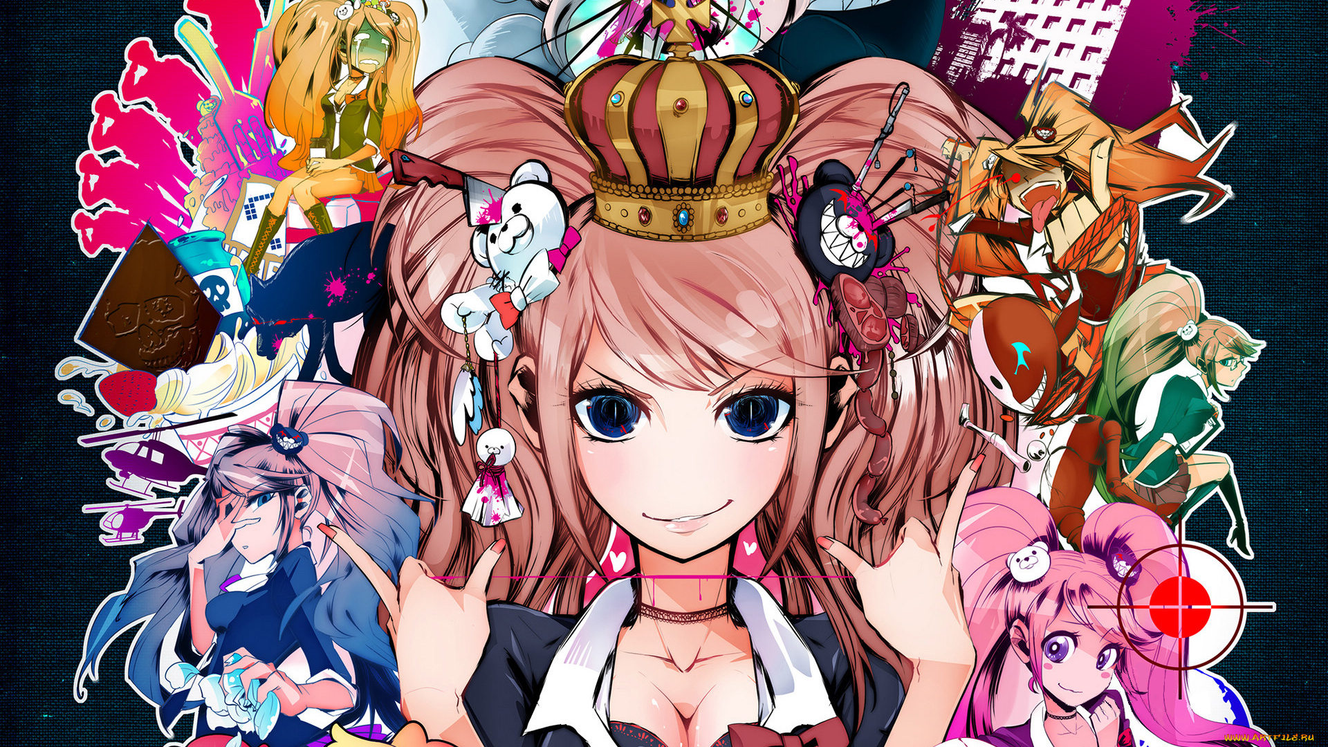 аниме, danganronpa, корона, enoshima, junko, нож, медведь, кровь, нить, улыбка, взгляд, волосы, люди