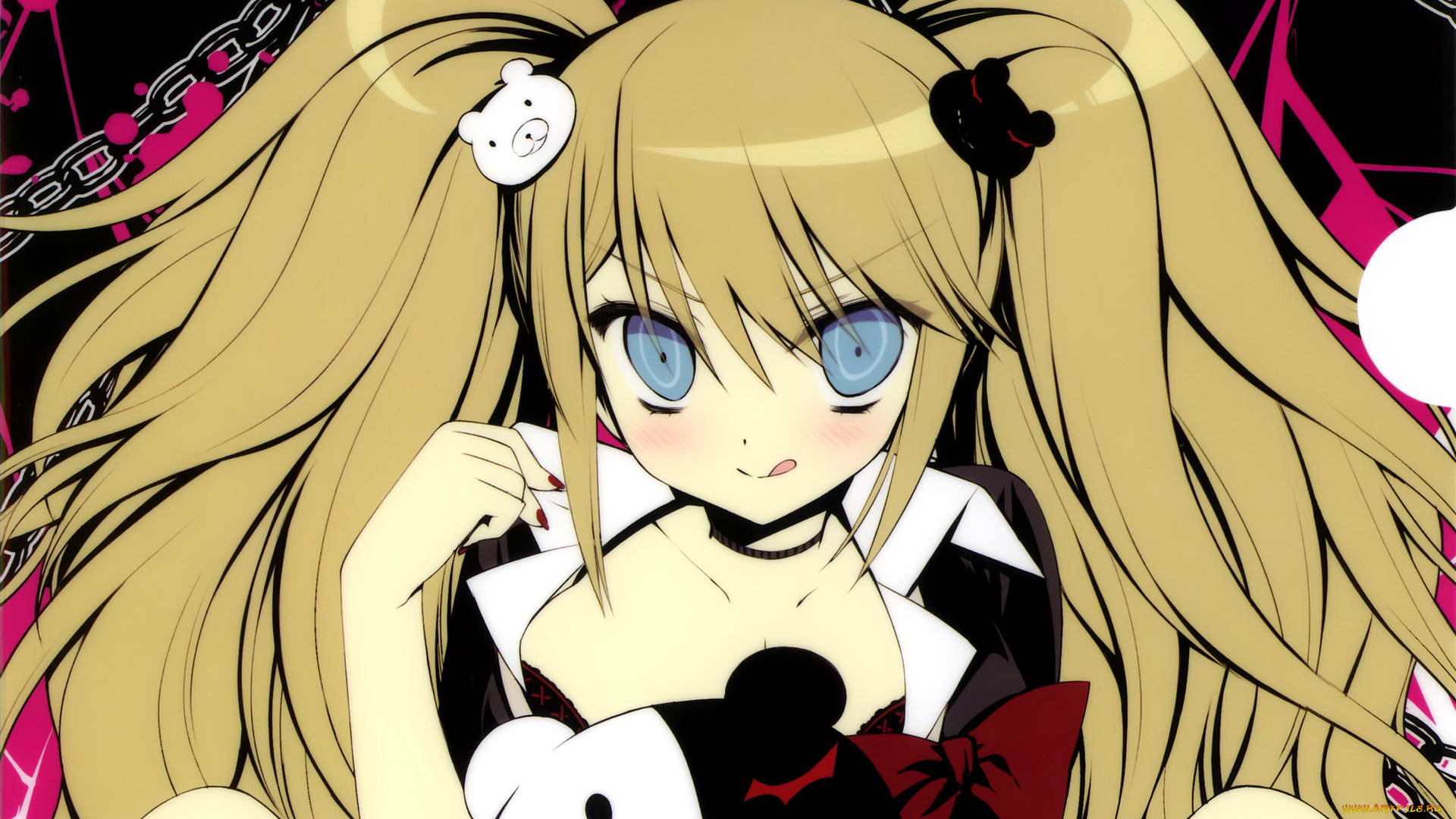 аниме, danganronpa, взгляд, enoshima, junko, девушка, заколка, медведь, руки, волосы, язык, бант