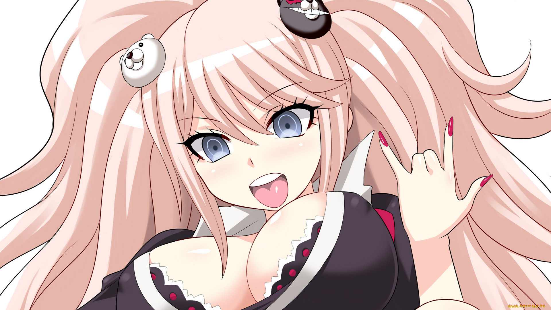 аниме, danganronpa, взгляд, enoshima, junko, девушка, заколка, медведь, грудь, руки, волосы, язык