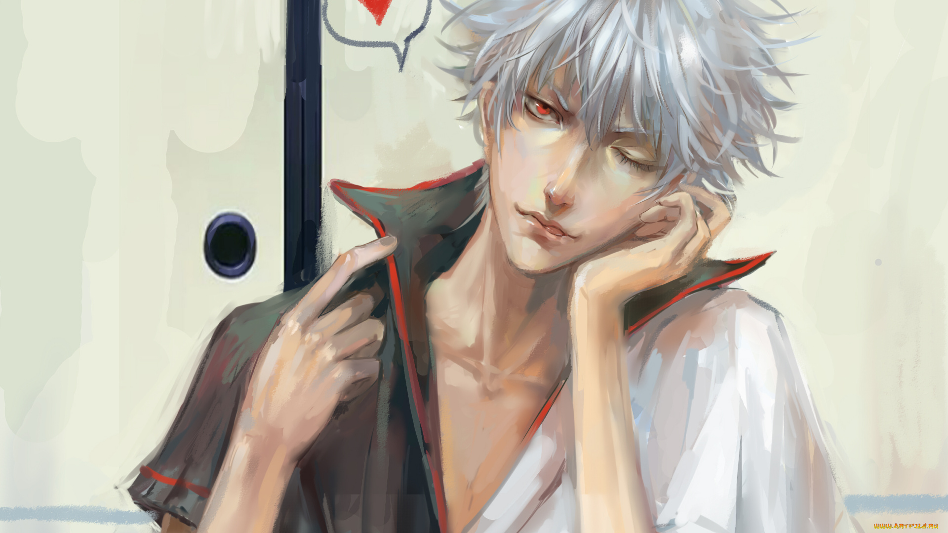 аниме, gintama, взгляд, sakata, gintoki, парень, hkun, konnan, art, язык, сердечко