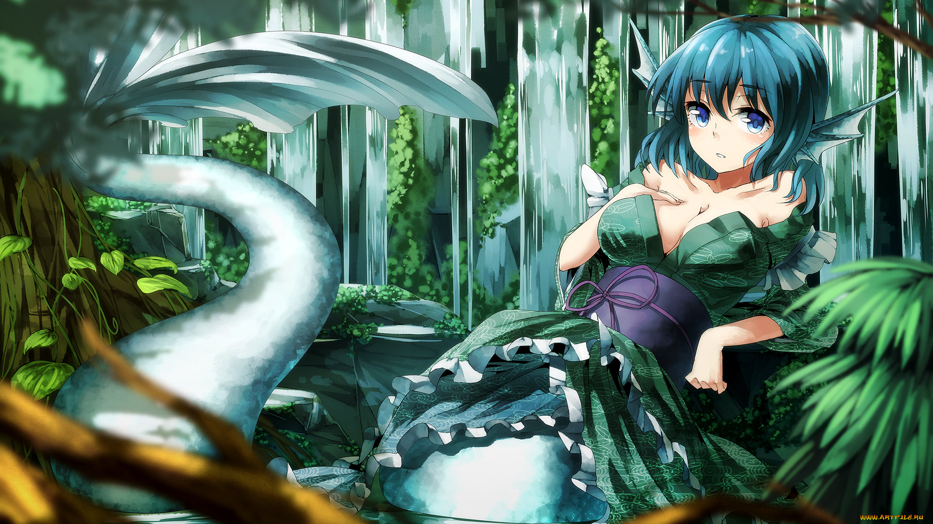 аниме, touhou, wakasagihime, ibuki, notsu, арт, кимоно, водопад, вода, хвост, девушка