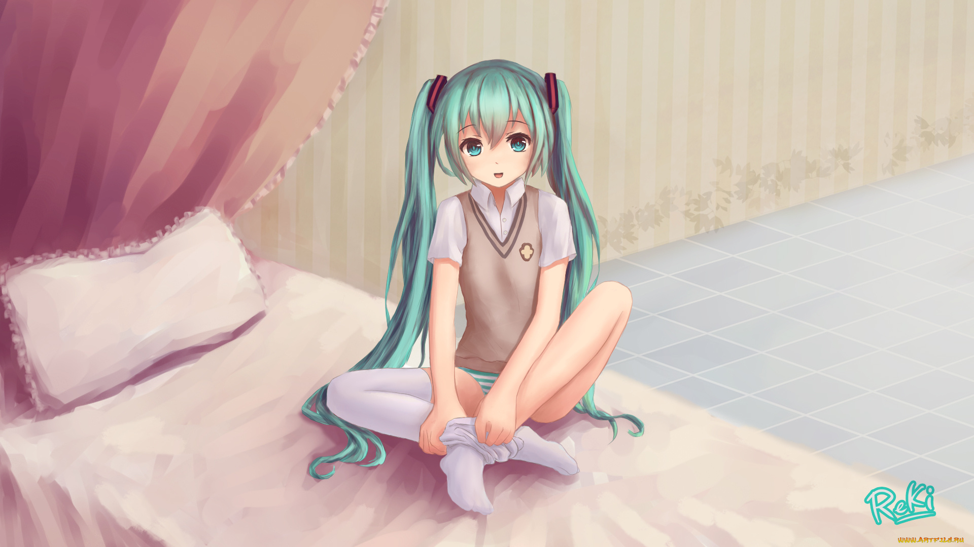 аниме, vocaloid, art, reki, девушка, hatsune, miku, радость, постель, комната, вокалоид