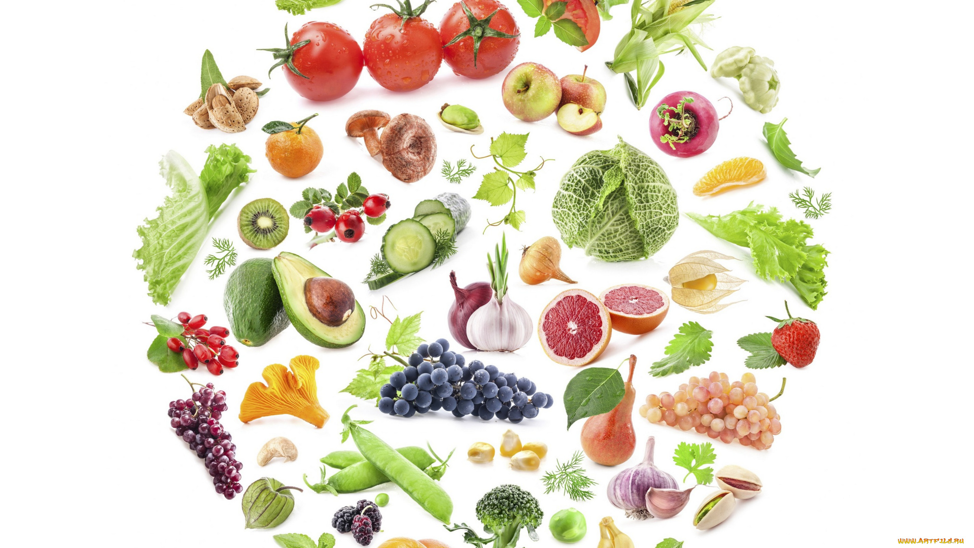 еда, разное, фрукты, ассорти, листья, цветы, овощи, ягоды, фон