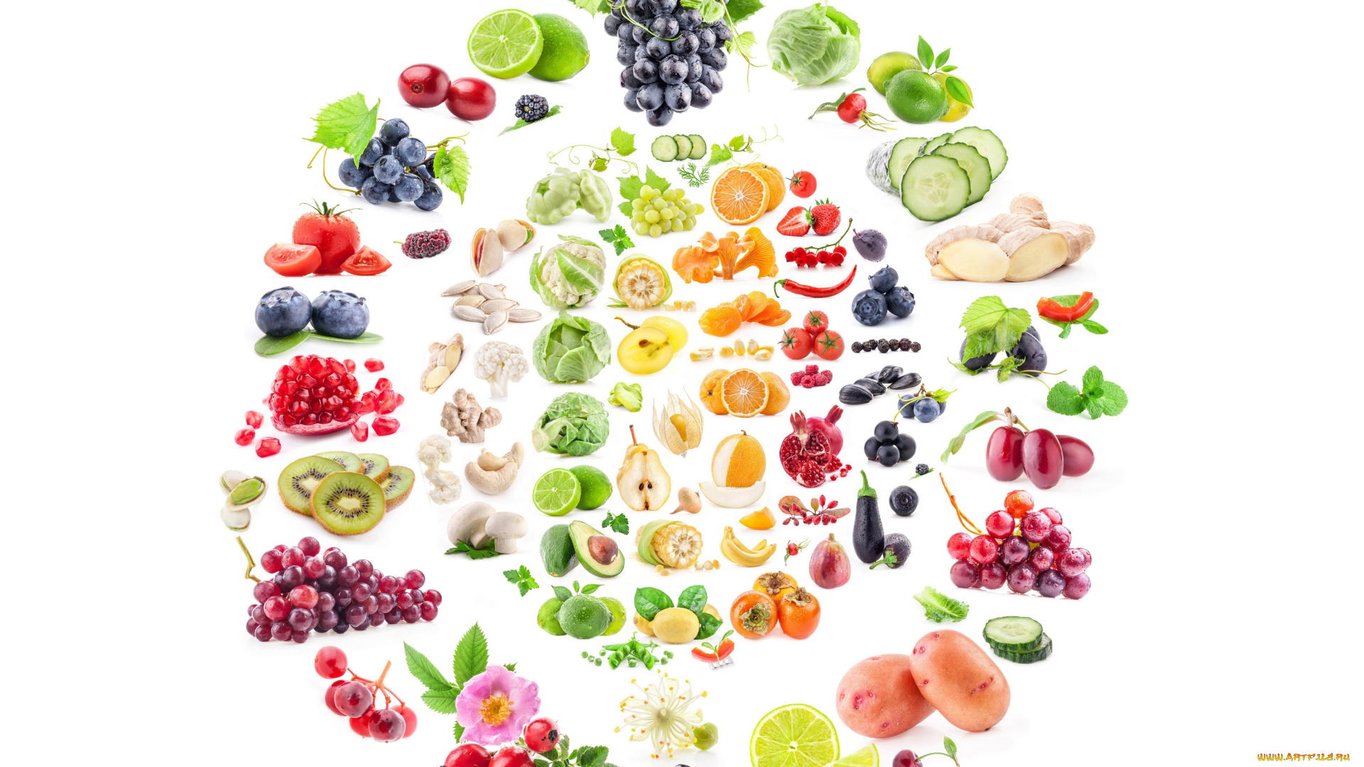 еда, разное, фрукты, ягоды, фон, ассорти, листья, цветы, овощи
