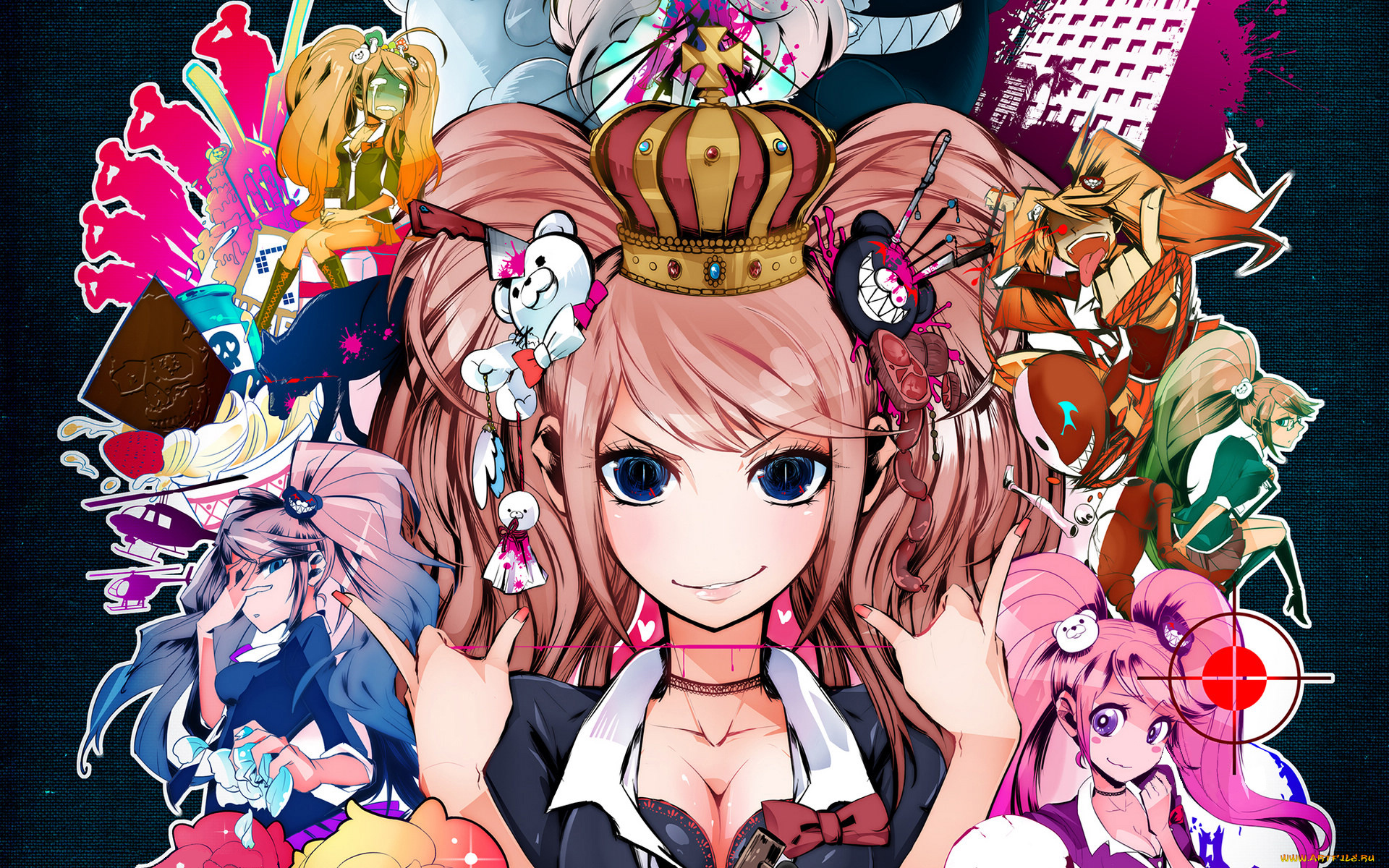 аниме, danganronpa, корона, enoshima, junko, нож, медведь, кровь, нить, улыбка, взгляд, волосы, люди