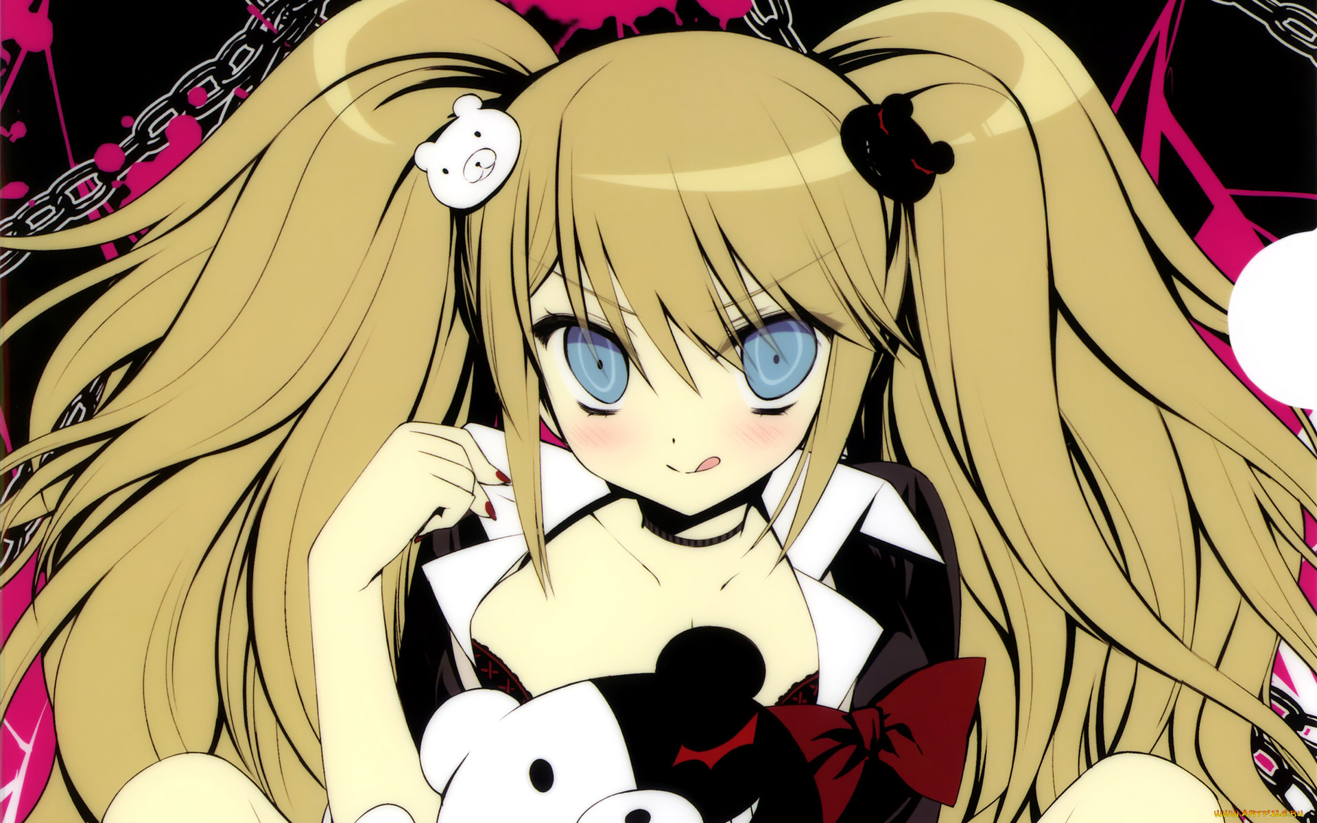 аниме, danganronpa, взгляд, enoshima, junko, девушка, заколка, медведь, руки, волосы, язык, бант