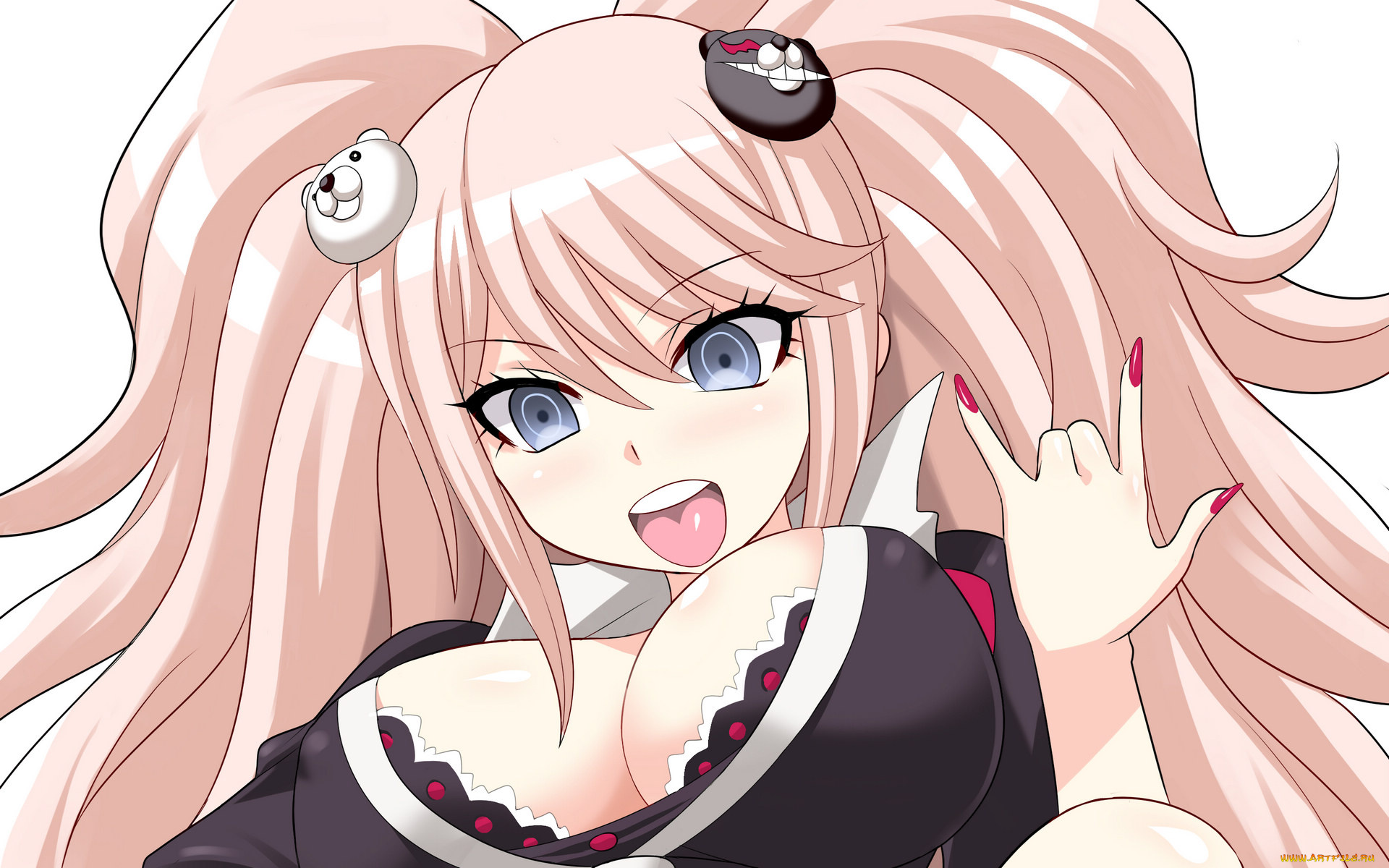 аниме, danganronpa, взгляд, enoshima, junko, девушка, заколка, медведь, грудь, руки, волосы, язык