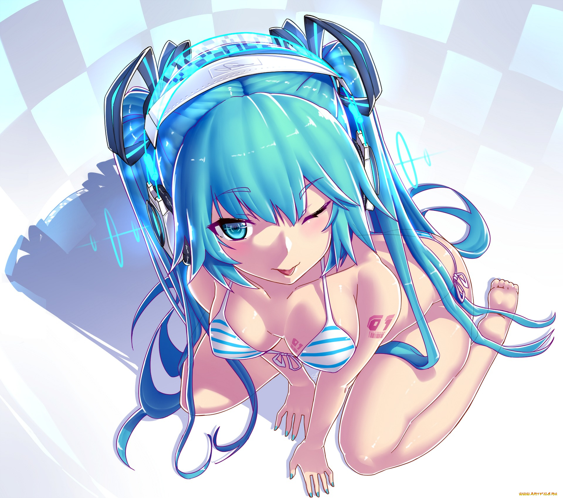 vocaloid, аниме, вокалоид, грудь, фон, бикини, девушка, dev, art, поза, взгляд, hatsune, miku