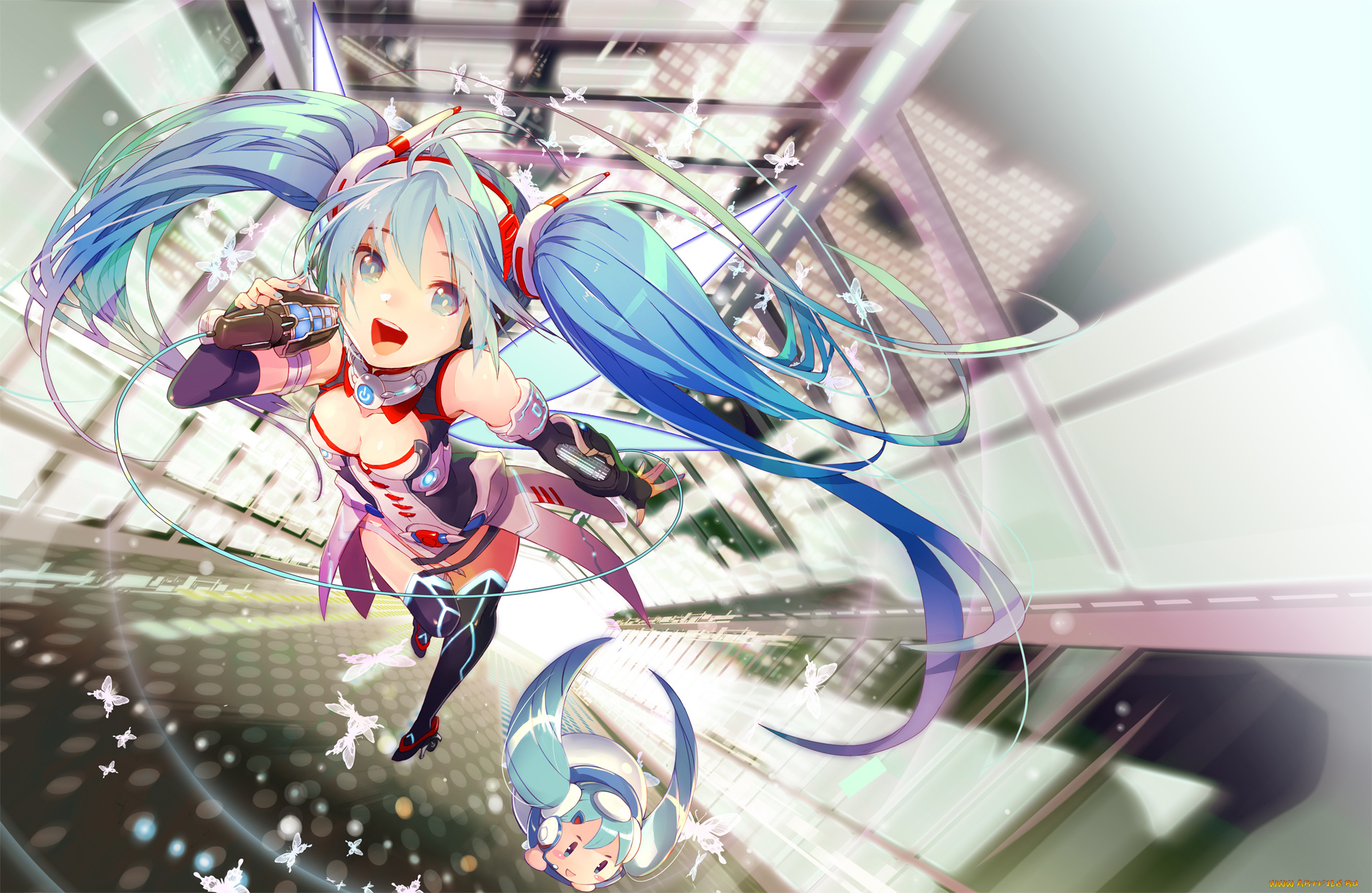 vocaloid, аниме, hatsune, miku, oyoyo, gin, хвостики, чиби, микрофон, девушка