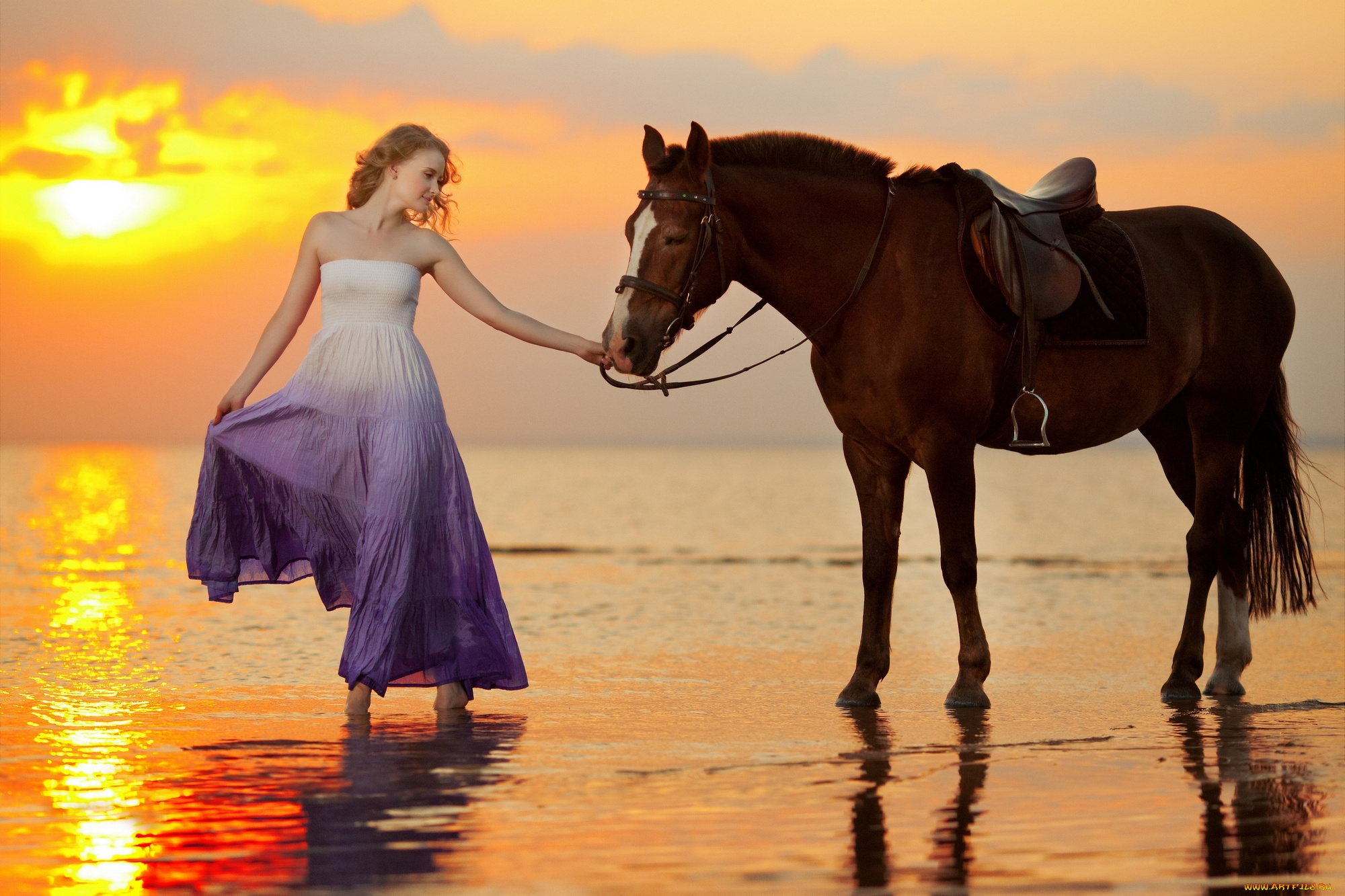 девушки, -unsort, , блондинки, лошадь, девушка, закат, море, лето