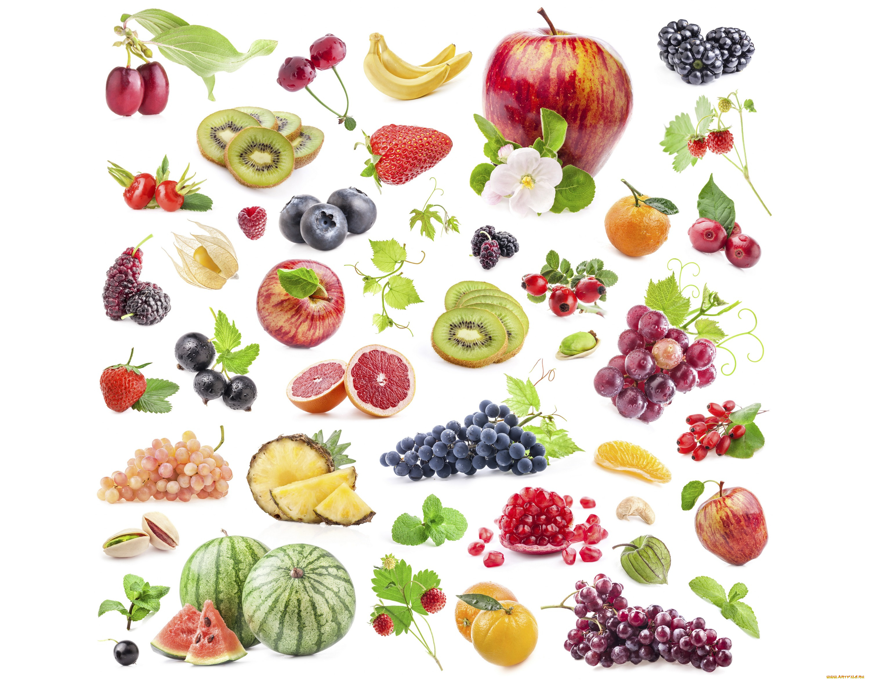 еда, фрукты, , ягоды, ассорти, листья, цветы, ягоды, фон