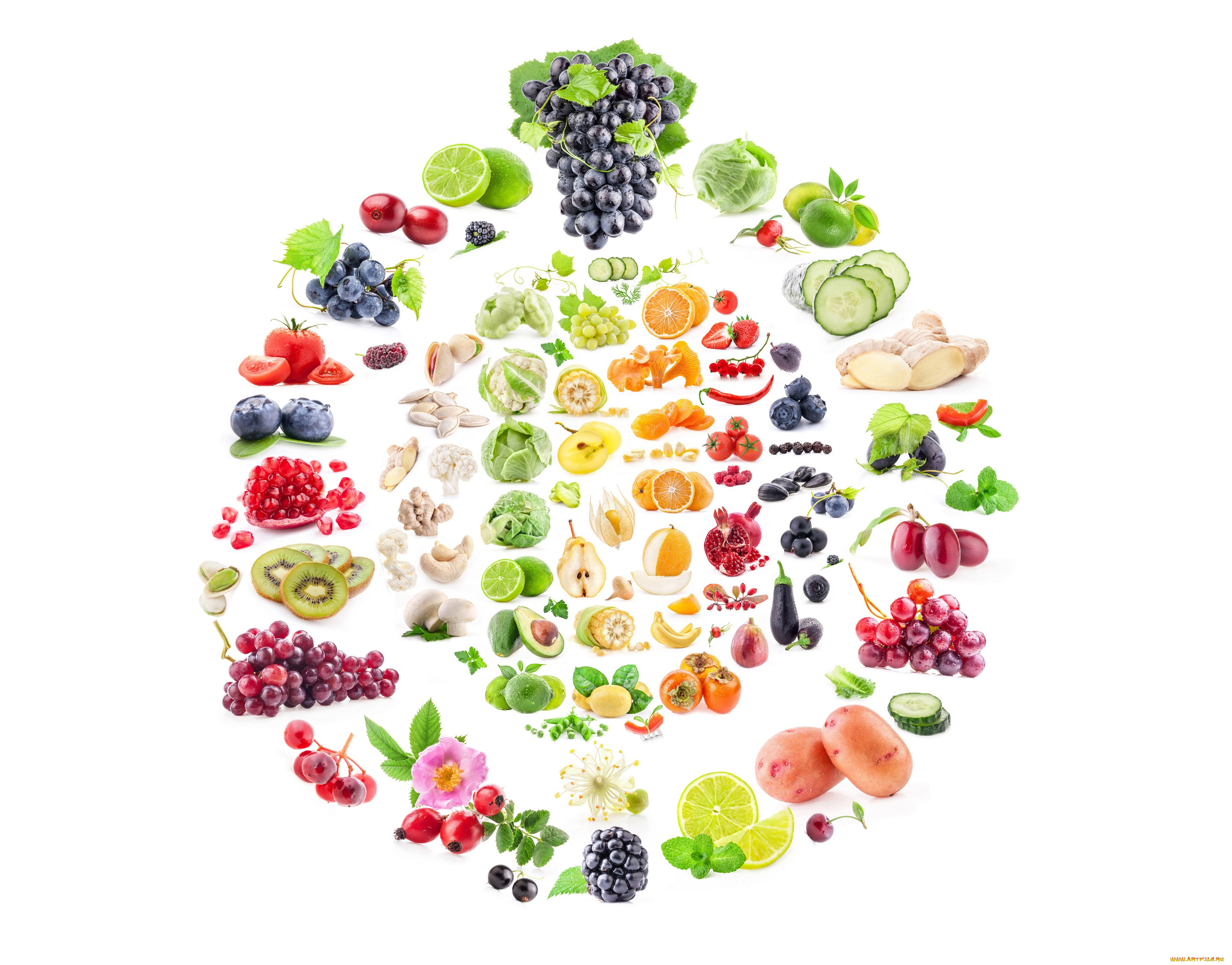 еда, разное, фрукты, ягоды, фон, ассорти, листья, цветы, овощи