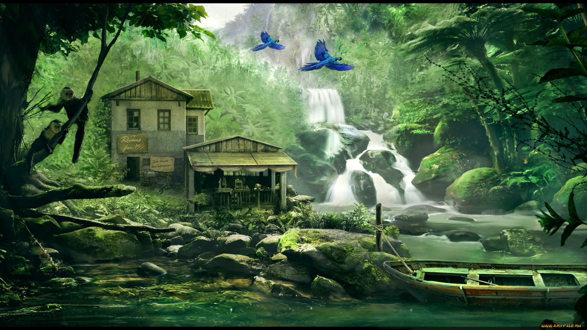 рисованное, природа, дом, река, горы, водопад, лодка, птицы, обезьяна, камни, лето