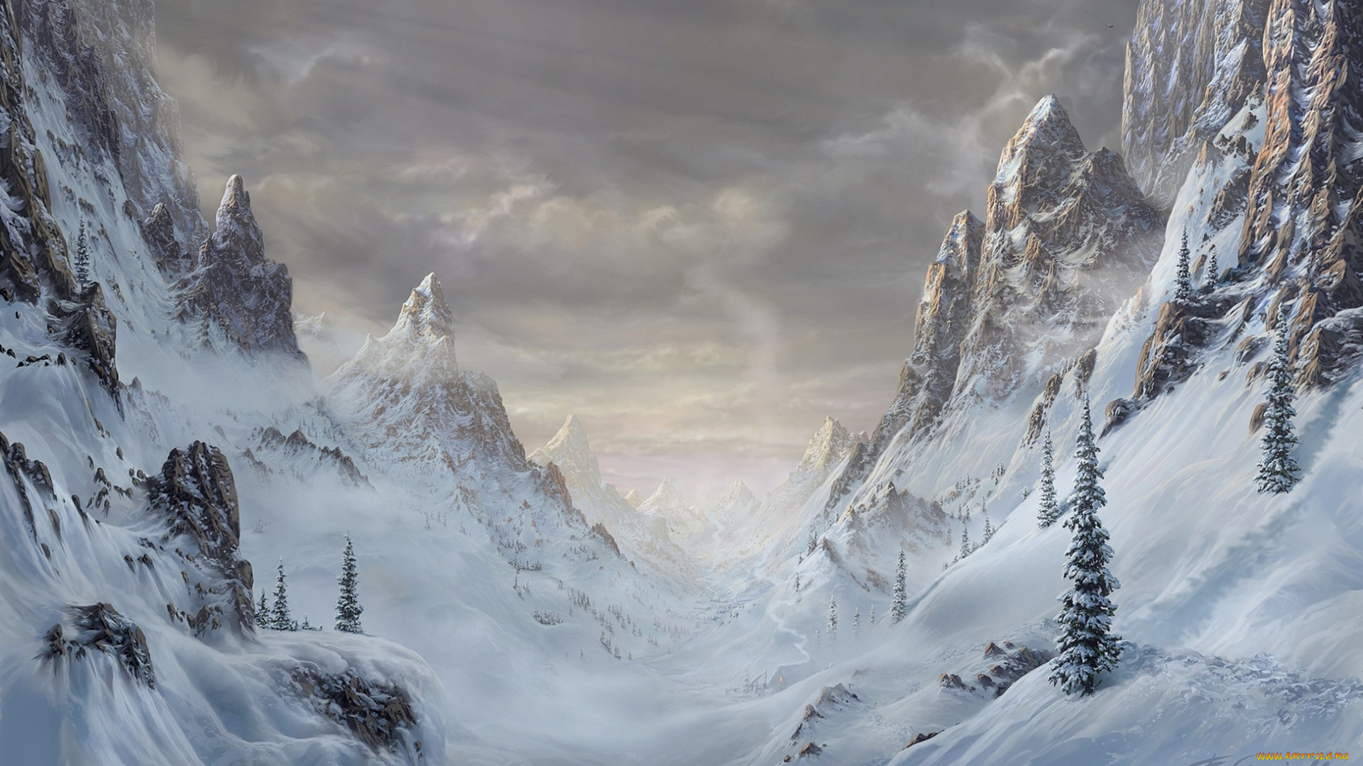 рисованное, природа, зима, снег, горы