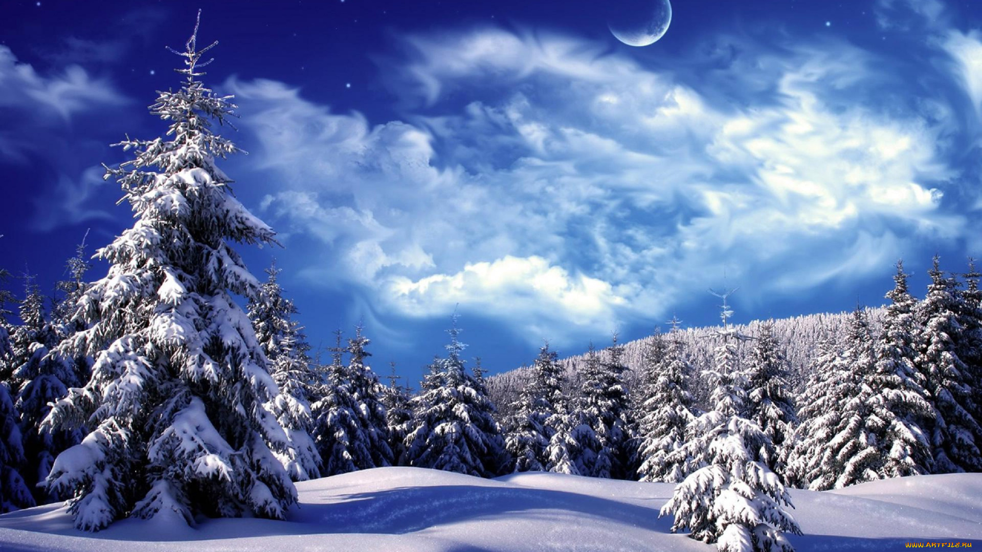 природа, зима, вечер, ели, лес, тучи, звёзды, луна, небо, сугробы, снег